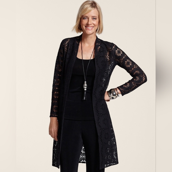 Chico's Other - Chico's travelers 3/XL open crochet duster cardigan Coverup Lightweight Black
